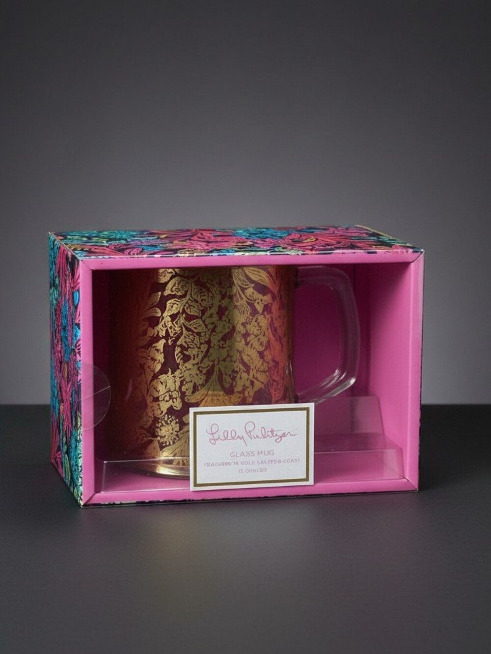 LILLY PULITZER 12oz Calypso Coast Glass Mug in Box Gold Metallic Floral
